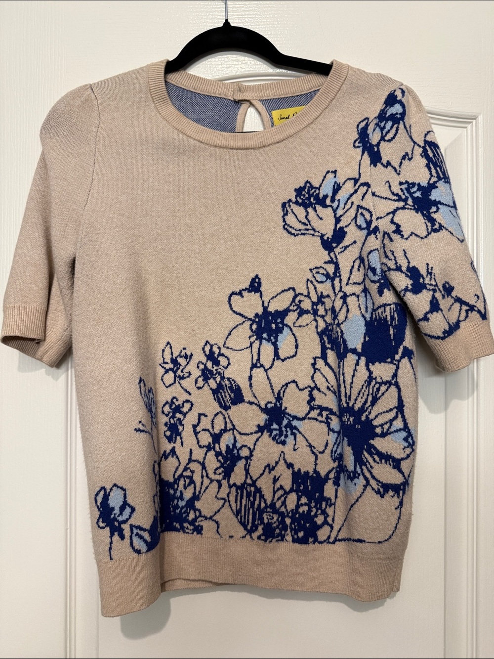 Maeve Beige Short-Sleeve Crewneck Sweater with Blue Floral Motif